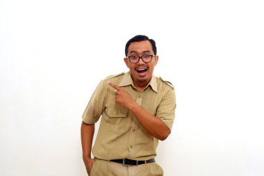 Wow and amazed expression of Indonesian government employees while pointing sideways