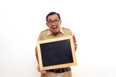 Wow and amazed expression of Indonesian government employees while presenting blank black board