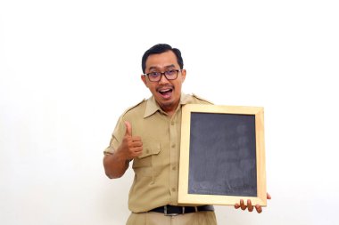 Wow and amazed expression of Indonesian government employees while presenting blank black board