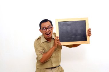 Wow and amazed expression of Indonesian government employees while presenting blank black board