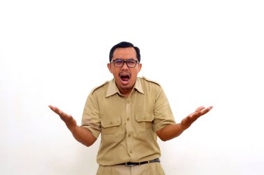 Angry Indonesian government employees while standing and yelling. Isolated on white background