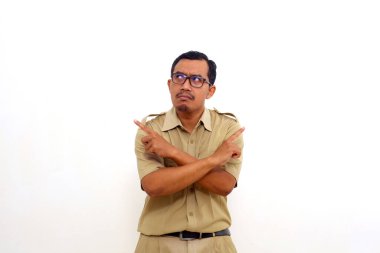 Thoughtful Indonesian government employees standing while presenting both sides. Isolated on white