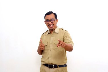 Satisfied Indonesian government employees standing while showing thumbs up. Isolated on white