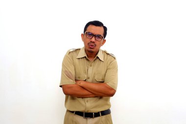 Angry Indonesian government employees while standing and yelling. Isolated on white background