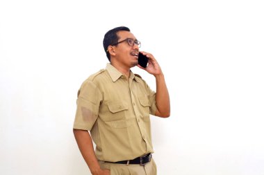 Happy Indonesian government employees talking on the phone. Isolated on white with copyspace