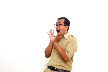 Wow and surprised expression of Indonesian government employees standing while looking sideways