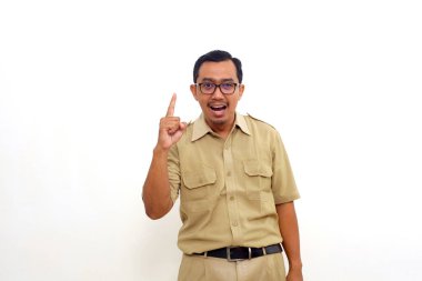 Enthusiastic Indonesian government employees standing while showing one finger. Isolated on white