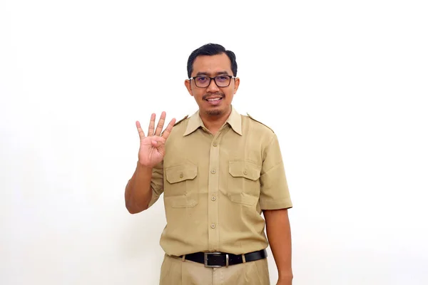 Happy Indonesian Government Employees Standing While Showing Four Fingers Isolated — Stok fotoğraf