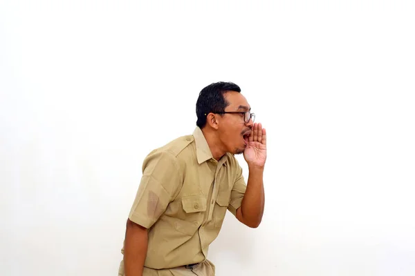 Indonesian Government Employees Yelling Loudly Copy Space Side Hand Next — Stock Photo, Image