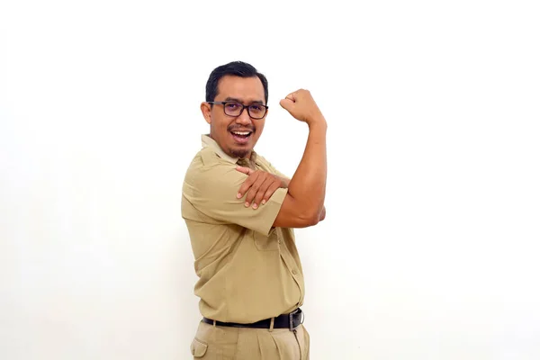 Happy Indonesian Government Employees Standing Clenched Hand Strong Gesture — Foto Stock