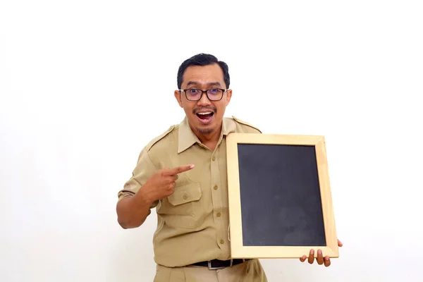 Wow Amazed Expression Indonesian Government Employees While Presenting Blank Black — Fotografia de Stock