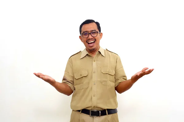 Happy Indonesian Government Employees While Standing Open Hand Isolated White — Stok fotoğraf