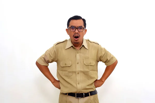 Angry Indonesian Government Employees While Standing Yelling Isolated White Background — 图库照片