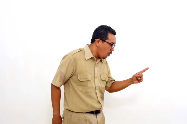 Angry Indonesian Government Employees Standing While Pointing Sideways Isolated White — Stock Fotó