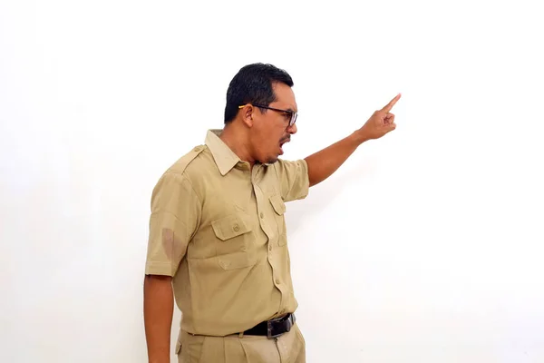 Angry Indonesian Government Employees Standing While Pointing Sideways Isolated White — Zdjęcie stockowe