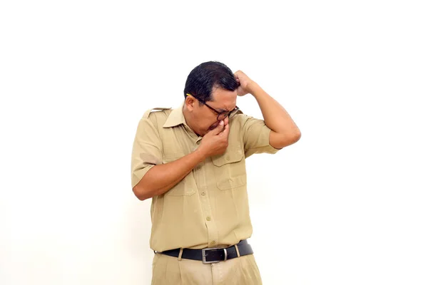 Unhappy Indonesian Government Employees Standing While Smelling His Body Bad — Stock Fotó