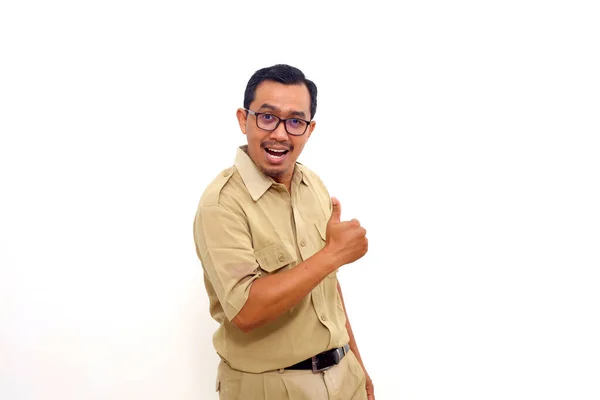 Happy Indonesian Government Employees Standing Thumbs Gesture Isolated White Background — 图库照片