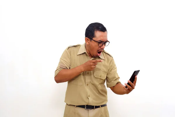 Angry Indonesian Government Employees Standing While Talking Phone Isolated White — Stok Foto