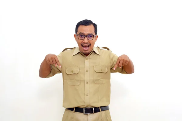 Amazed Indonesian Government Employees Standing While Pointing Isolated White Background — Stock Photo, Image