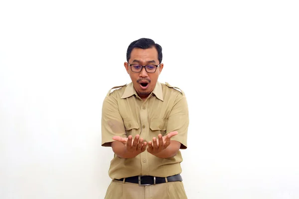 Wow Surprised Expression Indonesian Government Employees Standing While Holding Something — Stockfoto