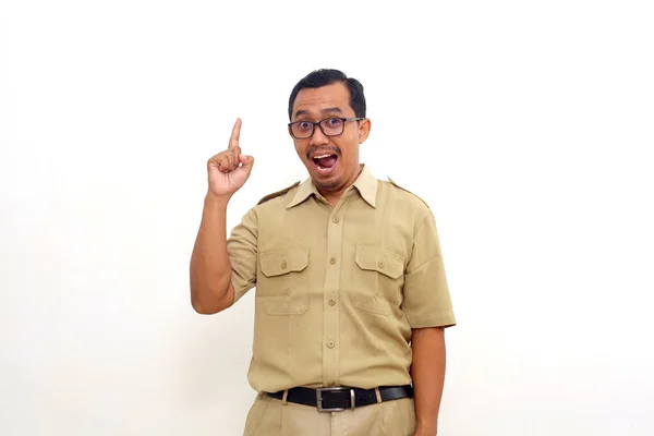 Happy Indonesian Government Employees Standing Getting Idea Isolated White Background — 스톡 사진