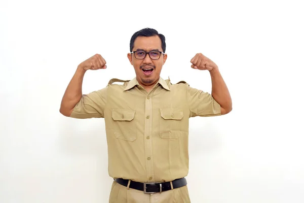 Happy Indonesian Government Employees Standing While Showing Strong Gesture Isolated — Foto Stock