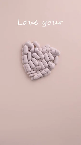 Conceptual Text Love Your Symbol Heart Made Pills Pink Background — Stock fotografie