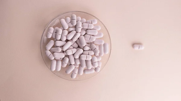 Oval Pills Plate One Pink Background Copy Space Creative Concept — Stock fotografie