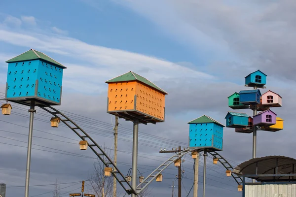 ? olorful 鸟屋，背景为蓝色的天空 — 图库照片