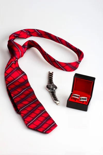 Pán je sada: kravata, hodinky a manžetové knoflíčky Stock Obrázky