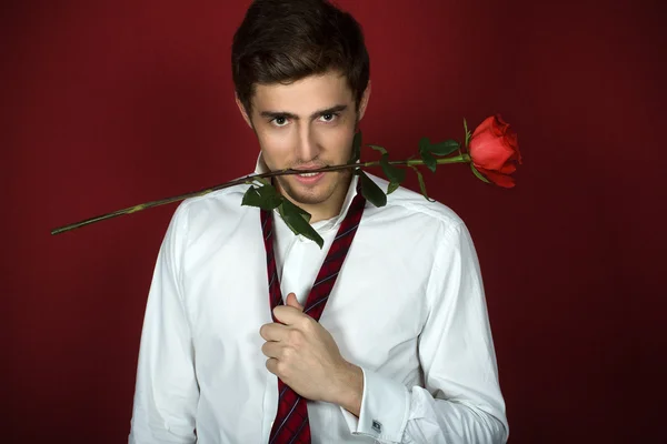 Mooie jonge man houdt een roos met tanden — Stockfoto