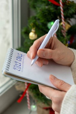 Woman writing in notebook near the window with Christmas decor. New Year goals, plan, aim