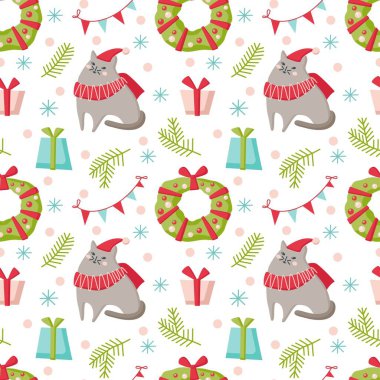 Kedi, çelenk ve beyaz arka planda izole edilmiş bir hediye. Vektör düz çizim. Arkaplan, ambalaj, duvar kağıdı, tekstil, ambalaj için tasarım