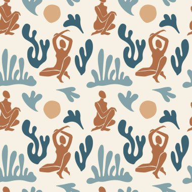 Soyut çağdaş el çizimi, kadınlarla kusursuz desenler, organik şekiller, bej arka planda yapraklar. Vektör düz çizim. Tekstil, kumaş, duvar kağıdı, ambalaj için tasarım