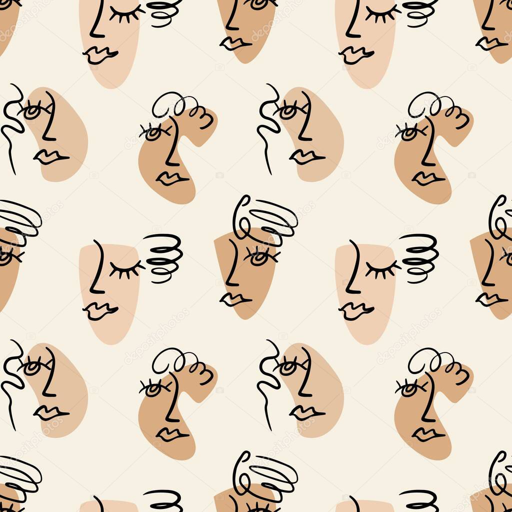 Modern abstract hand drawn line face women with geometric shapes seamless pattern on beige background. Vector flat illustration. Design for textile, fabric, wallpaper, wrapping