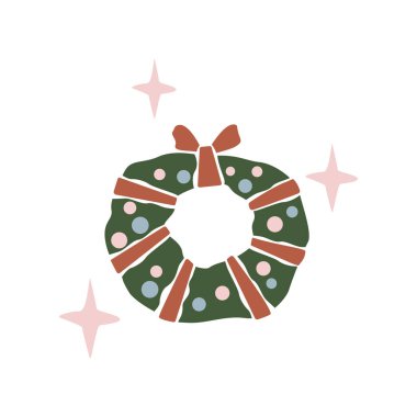 El çizimi Noel çelengi, kurdele, top, beyaz arka planda izole edilmiş yıldız. Organik tarzda vektör düz çizim. Tebrik kartı, davet, pankart için tasarım