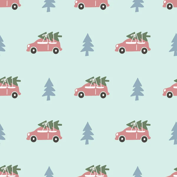 Modèle Sans Couture Vacances Avec Voiture Rose Arbre Noël Sur — Image vectorielle