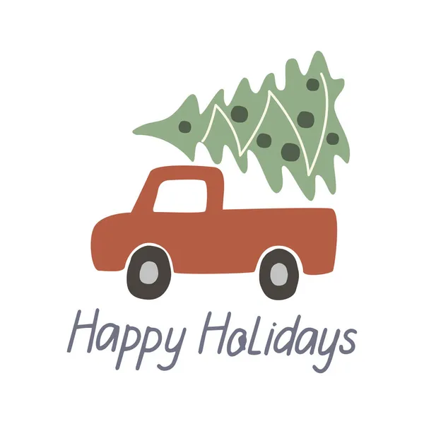 Citazione Disegnata Mano Happy Holliday Con Camion Rosso Albero Natale — Vettoriale Stock
