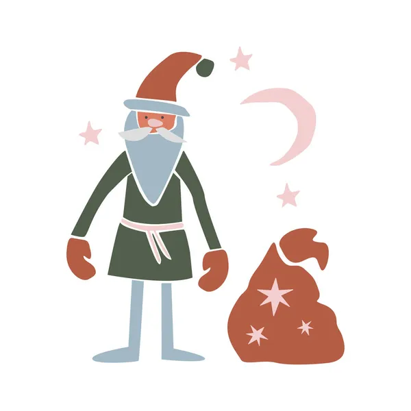 Babbo Natale Disegnato Mano Con Sacchetto Regalo Fiocchi Neve Luna — Vettoriale Stock