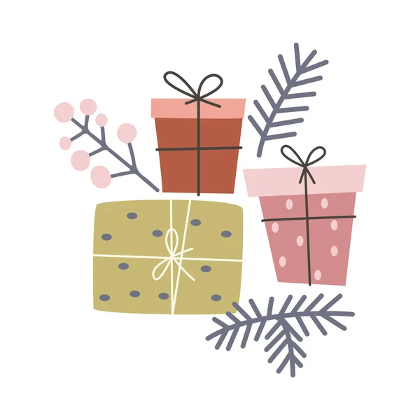 Scatole Regalo Natale Disegnate Mano Con Bacca Ramo Albero Isolato — Vettoriale Stock