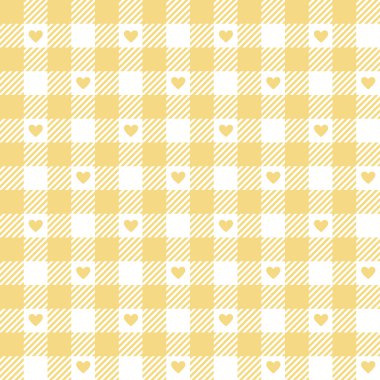 Sarı pamuklu kumaş, ekoseli ve kalbinde dikiş izi yok. Pastel vichy tartan arka planı. Vektör düz zemin. Battaniye, gömlek, ambalaj, Paskalya bayramı moda kumaşı için tasarım