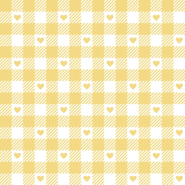 Gele Gingham Check Ruitjes Met Hart Naadloos Patroon Pastel Vichy — Stockvector