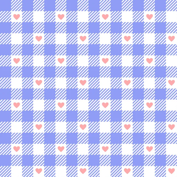 Gingham Check Plaid Pink Heart Blue Seamless Pattern Pastel Vichy — Stock Vector