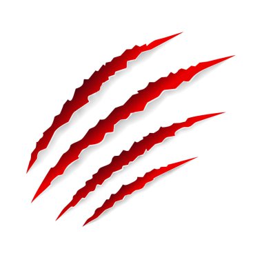 Red animal claw marks, scratches, talons cuts cat, tiger, dog, lion, monster isolated on white background. Vector realistic illustration. Design for animal print, banner, poster 