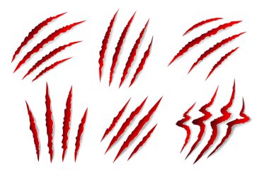 Set of red animal claw marks, scratches, talons cuts cat, tiger, dog, lion, monster isolated on white background. Vector realistic illustration. Design for animal print, banner, poster 