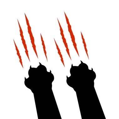 Black cat paw print silhouette with red claw marks, scratches, talons cuts, track isolated on white background. Vector flat illustration. Design for animal print, banner, poster 