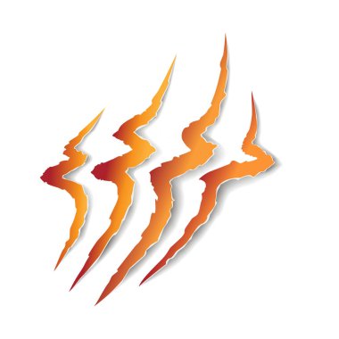 Orange color of animal claw marks, scratches, talons cuts cat, tiger, dog, lion, monster isolated on white background. Vector realistic illustration. Design for animal print, banner, poster 