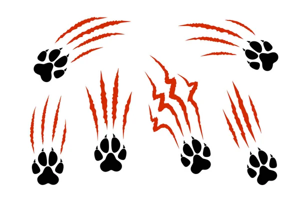 Set Animal Paw Print Silhouette Red Claw Marks Scratches Talons — Stock Vector