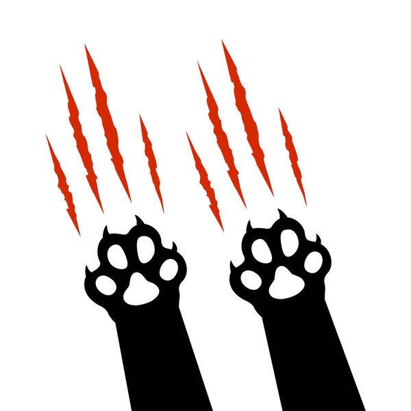 Black cat paw print silhouette with red claw marks, scratches, talons cuts, track isolated on white background. Vector flat illustration. Design for animal print, banner, poster 