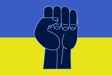 Ukrayna bayrağı geçmişi olan bir el. Dövüş işareti vektör çizimi. Pankart, poster, baskı için tasarım